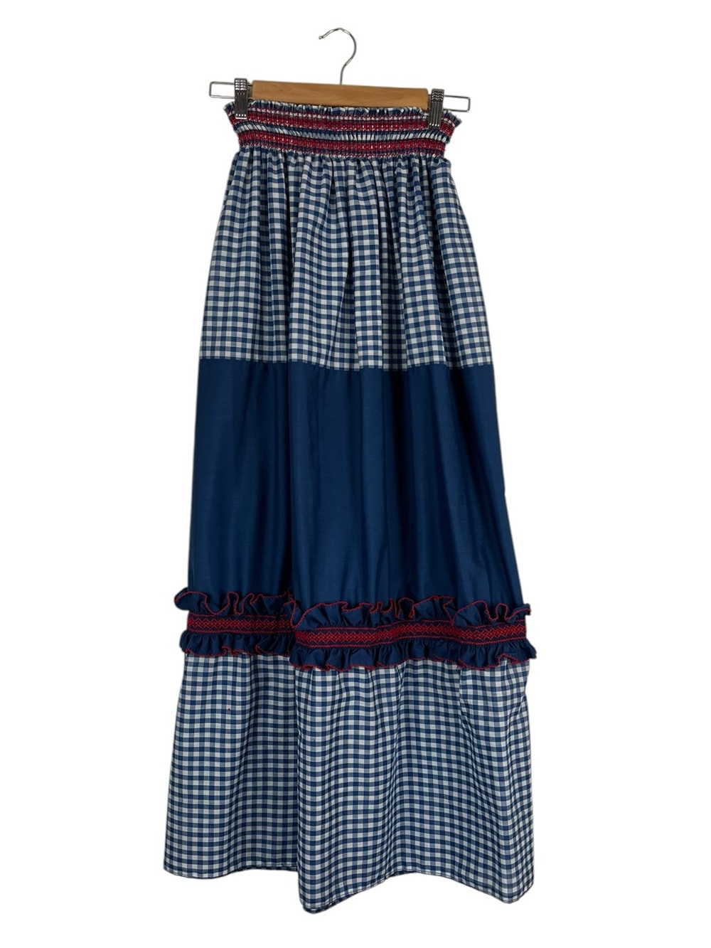 Vintage Blue & White Gingham Tiered Smocked Waist Prairie Maxi Skirt Size Small